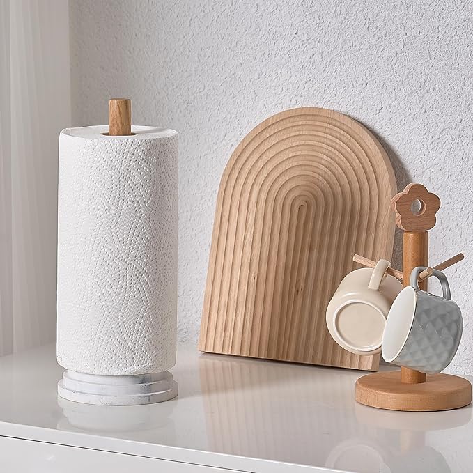 Marble White Standing Paper Towel Holder for Kitchen Countertop,Toliet Paper Roll Holder for Bathroom with Weighted Resin Base and Sturdy Wood Stand,for Standard or Plus Rolls, Height-Adjustable