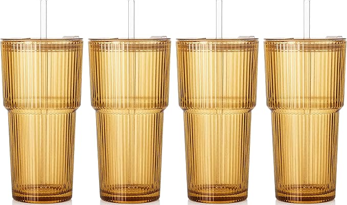 4PCS Amber Ribbed Glass Cups with Lids and Straws, 20oz Vintage Drinking Glasses, Aesthetic Iced Coffee Cups, Glass Tumbler for Boba, Beer, Tea, Cocktails, Ribbed Glassware Set,Amber Brown Glass Cup