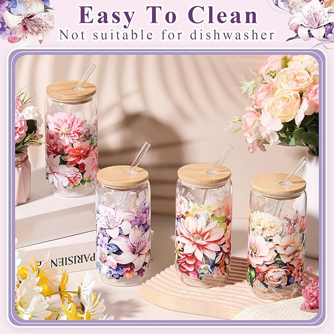Mumufy 4 Pack Gift for Women Bloom Floral Elegant Glass Cup Tumbler Blooming Garden 16 oz Iced Coffee Glass with Bamboo Lid & Straw, Mothers Day Birthday Gift for Mom Sister Bridesmaid Baby Shower