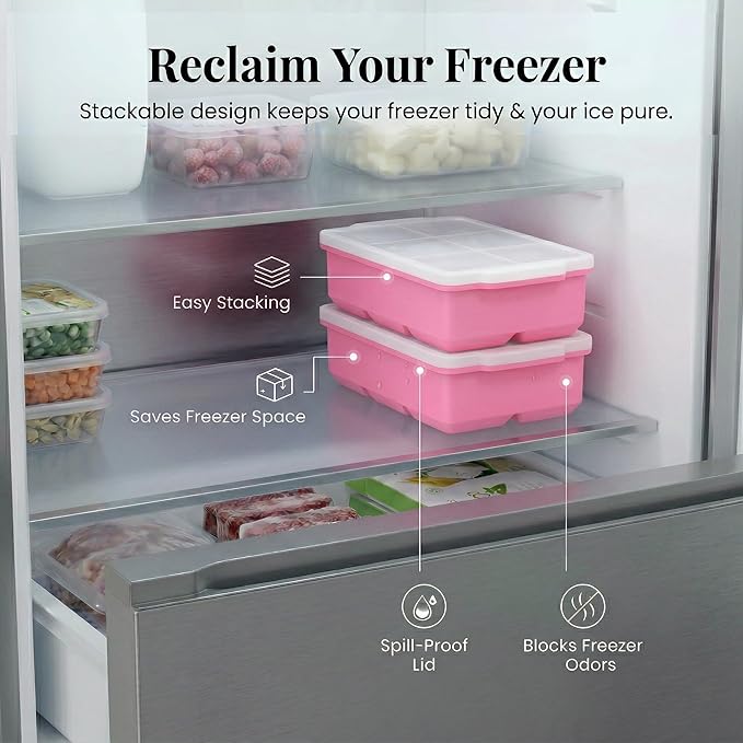 KitchFort Large Silicone Ice Cube Tray (3-Pack), Easy Release 2" Big Ice Cubes - Cocktail, Whiskey Ice Cubes Mold - Ice Trays for Freezer with Lid - Stackable Silicone Ice Tray - Pink