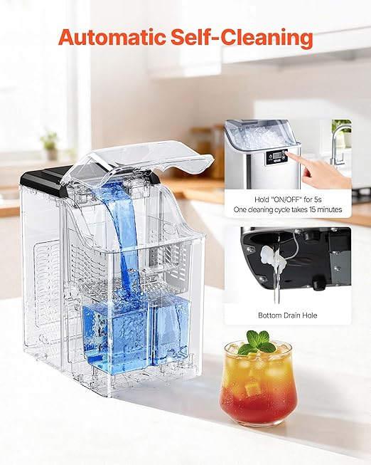 VEVOR Countertop Ice Maker, 44 lbs per Day, Self-Cleaning Portable Machine with Scoop, 4 lbs Ice-Storage Basket, Nugget Ice-Making Machine with Chewable ICES for Home, Kitchen, Office, Bar & Party