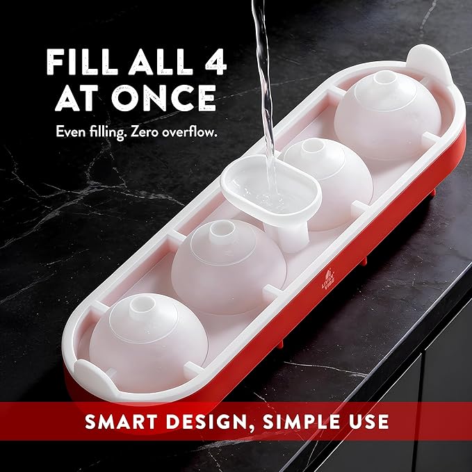 Silicone Ice Ball Freezer Tray with Lid – 4 Large Ice Spheres, One-Piece Funnel Design, Flexible Silicone Ice Mold for Cocktails, Whiskey, Iced Coffee & Everyday Drinks, BPA Free