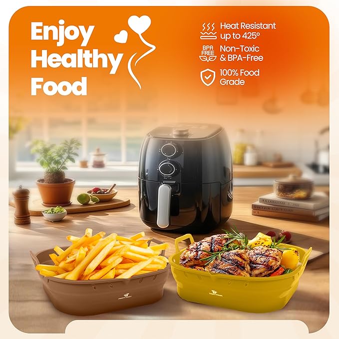 Platinum Silicone Air Fryer Liners Reusable Square-Extra Strong-Easy to Clean Air Fryer basket for Oven Microwave Accessories - BPA Free - Food Safe Pot for 5.8QT to 8 QT - 9 Inch