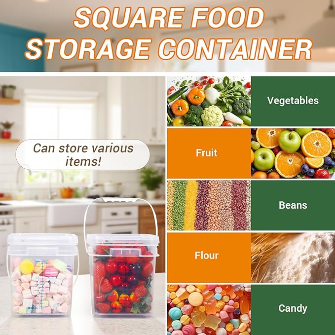 1 Gallon Square Food Storage Containers with Lids Clear Plastic Bucket 5 Pack Kitchen Storage