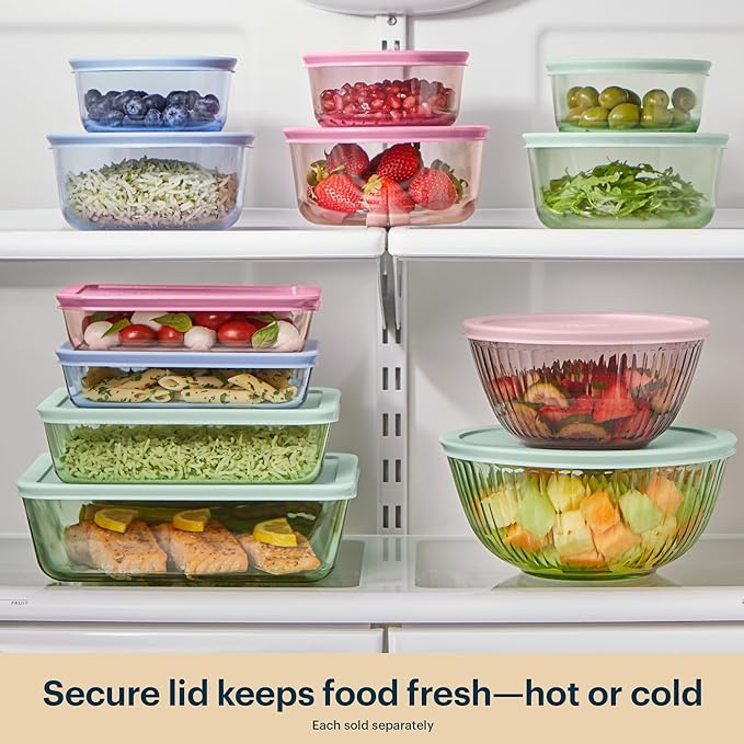 Pyrex Colors (3-Pack, Large) Tinted Glass Rectangle Food Storage Container Set, Snug Fit Non-Toxic Plastic BPA-Free Lids, Freezer Dishwasher Microwave Safe, 3 Cup, 6 Cup & 11 Cup