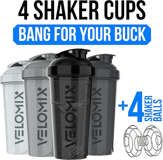 VELOMIX -4 Pack- 28 oz Protein Shaker Bottles for Protein Mixes - 4x Wire Whisk | Leak Proof Shaker Cups for Protein Shakes | Stackable Protein Shaker Bottle Pack (Silver Mix)