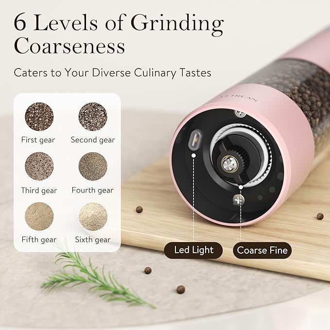 Ultrean Pepper Grinder, Rechargeable Salt and Pepper Grinder with 6 Adjustable Coarseness, LED Light, Automatic Grinder for Kitchen, Cooking Gifts for Women Valentines Day Gifts for Her, Pink