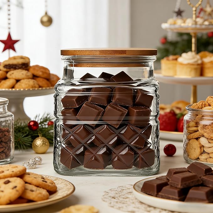 Glass Storage Canister with Airtight Lids, 20.3 FL OZ Thick Glass Candy Jar for Coffee Bean, Cocoa powder,Dog treats, Snacks Vintage Decorative Square Glass Jars for Coffee Bar Kitchen Party Counter