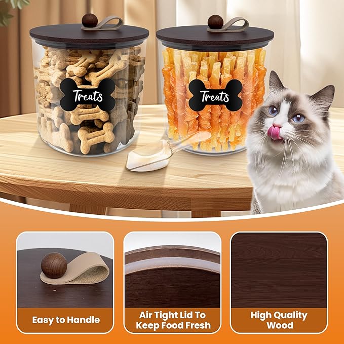 HOYTAMDAR 2 Pack Airtight Dog Food Storage Container,Dog Treat Container Dog Treat Jar with Wood Lids 6x5'',Pet Food Storage Container,Cat Food Container with Scoops,Food Tong,Labels,Pen