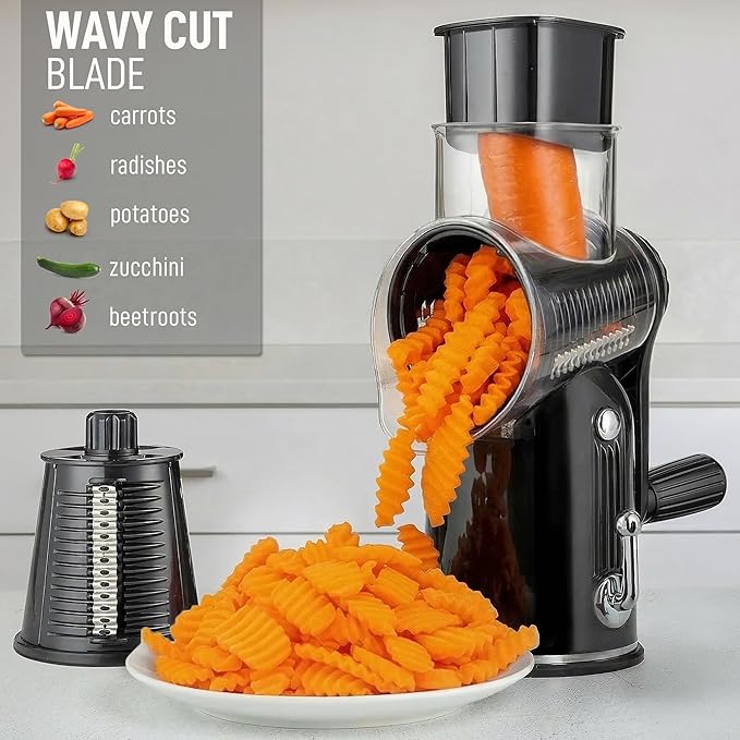 Zulay Kitchen Rotary Cheese Grater 5 Blade Cheese Shredder - Manual Hand Crank Cheese Grater With Reinforced Suction & 5 Interchangeable Drums - Easy to Use, Vegetable Chopper Round Mandoline Slicer