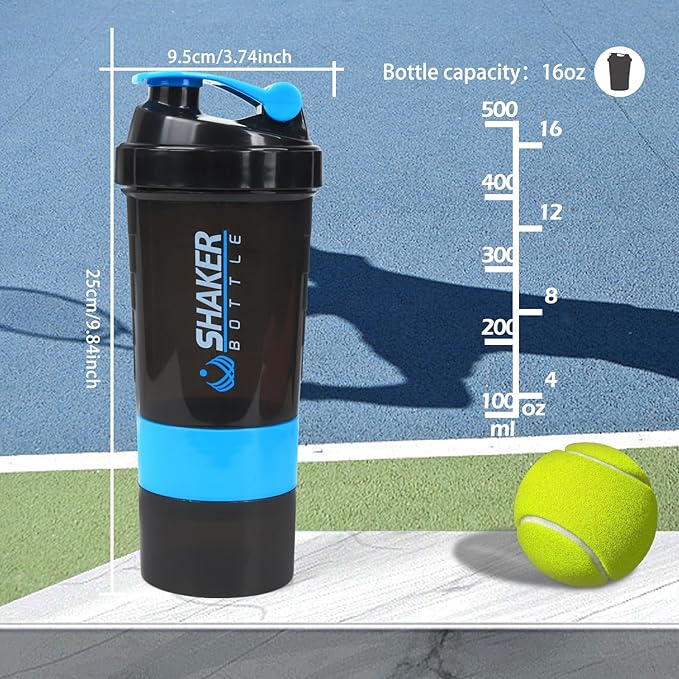 Shaker Bottle - Protein Shaker Cup with Storage Compartments - Leak-proof Workout Shake Bottles with Mixer for Smooth Mixing-500ML/16oz (BLUE & BLACK)