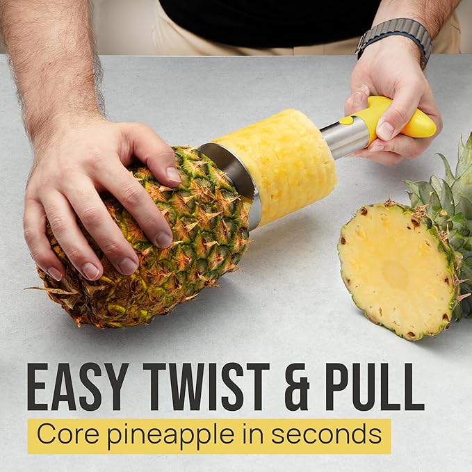 Zulay Kitchen Stainless Steel Pineapple Corer & Slicer – Heavy Duty Pineapple Cutter & Eye Removal Tool – Effortless Core Remover Tool with Sharp Reinforced Blade & Ergonomic Handle - Yellow