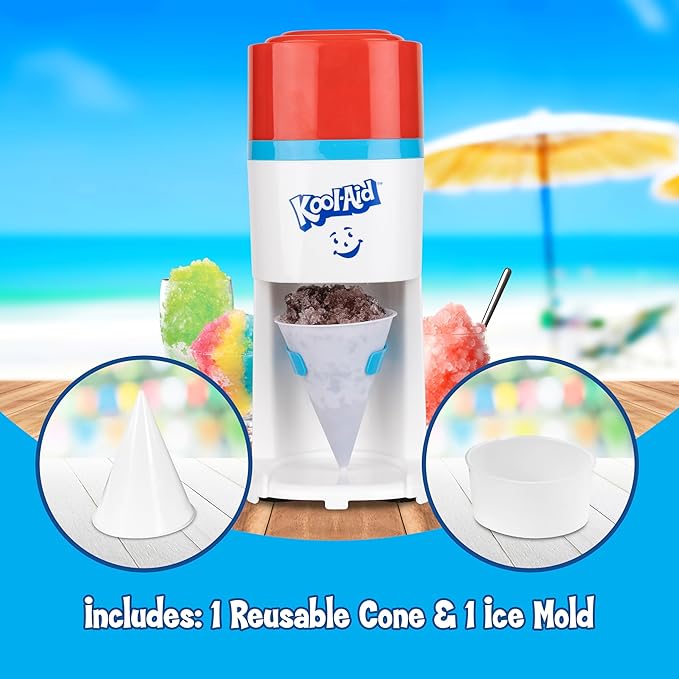 Kool-Aid Shave Ice and Snow Cone Machine, Multi-Use Ice Shaver for Frozen Treats, Slushies, Snow Cones, and More – Reusable Cup and Ice Mold, Stainless Steel Blades – Red and White