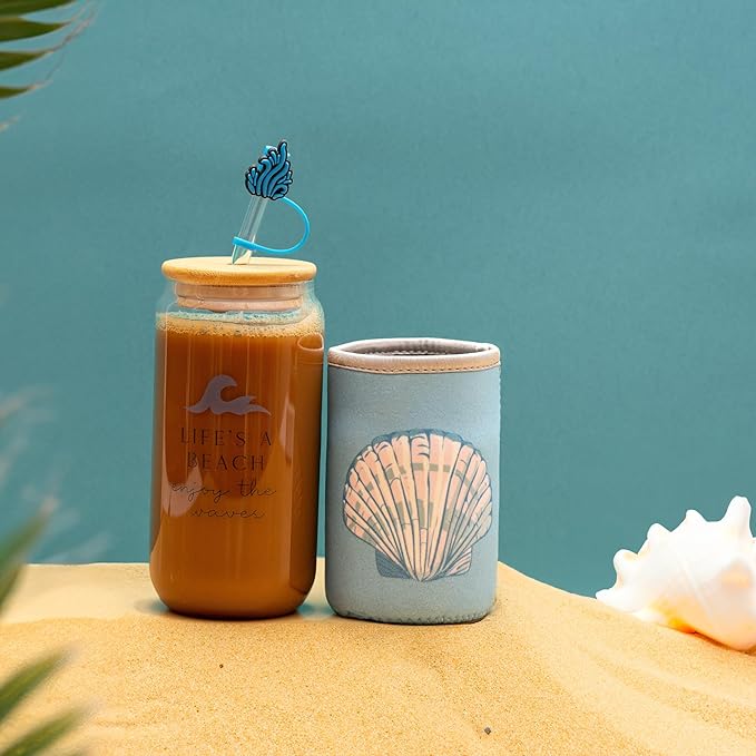 The Love Crate Co. Ocean Gifts for Women - Glass Tumbler with Lid and Straw, Customized Straw Stopper and Cup Sleeve, Aesthetic Unique Design Iced Coffee Gift Cup for Mom, Teacher, Friend