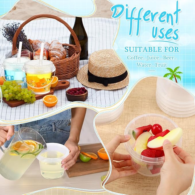 Funnymoom 50 Set 24 oz Clear Drink Buckets with Lids and Straws, Disposable Plastic Rum Cocktail Pails with Handles, Large Smoothie Cups for Adult Bachelorette Party Supplies, Beach & Catering Events