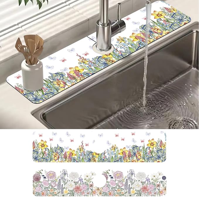 2 Pack Butterfly Floral Sink Splash Guard Faucet Mat Rose Lily Tulip Peony Super Absorbent Fast Drying Mat Sink Gadgets-Splash Guard Behind Faucet Drip Catcher for Kitchen Bathroom, 23.5"x5.5"