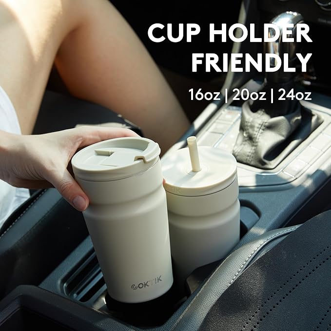 COKTIK 20oz Insulated Tumbler with Lid and Straw Iced Coffee Cup Reusable Stainless Steel Travel Mug Water Bottle Cupholder Friendly for Women Men Her Him (Olive)