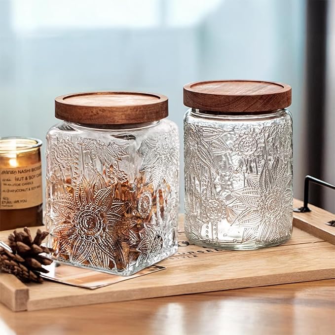 Custde Glass Storage Jars With Airtight Lid, 23.7oz Container For Kitchen Counter with Wood Lid, brown sugar, candy, coffee, cookie, salt, tea, cute Jar (Square Sunflower)