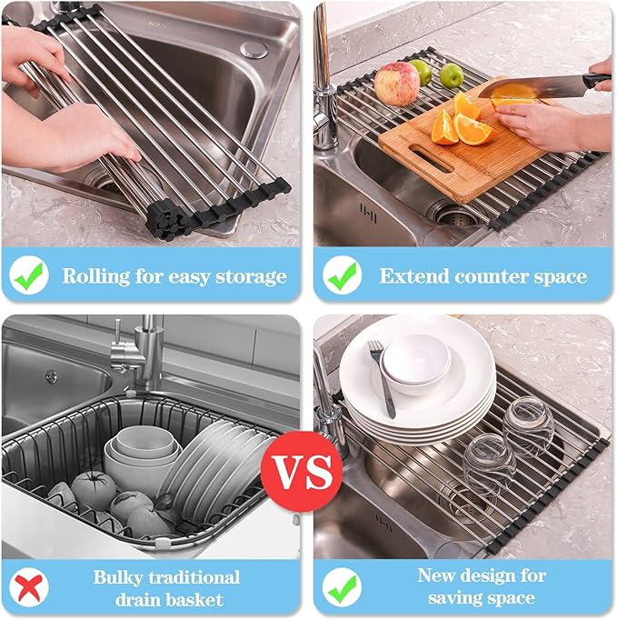 Seropy Roll Up Dish Drying Rack Over The Sink Drying Rack for Kitchen Counter, Rolling Dish Rack Over Sink Mat, Foldable Dish Drainer Stainless Steel Rack Kitchen Organization Gadgets Black 17"x11.8"