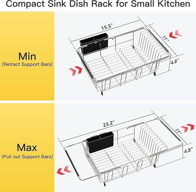 JASIWAY Dish Drying Rack in Sink, Expandable Stainless Steel Dish Drainers with Drainboard for Kitchen Counter, Space Saving Dish Dryer Rack, Over The Sink Dish Racks with Utensil Holder, Sliver