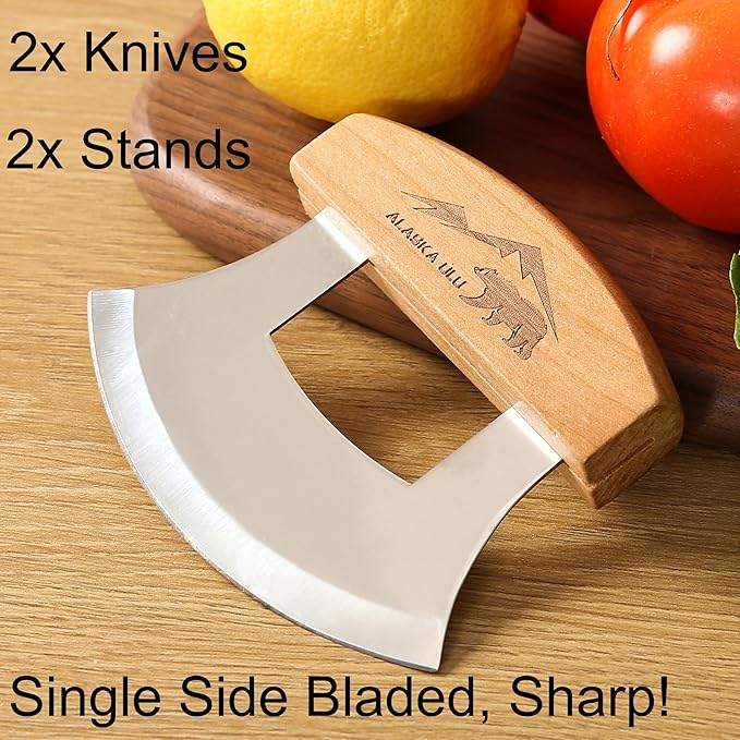 Alaskan Ulu Knives Pizza Cutter Chopper Slicer for Salad Vegetables Meat Chopping Mincing with Wooden Stand Arthritic Tool 5x4in (2)