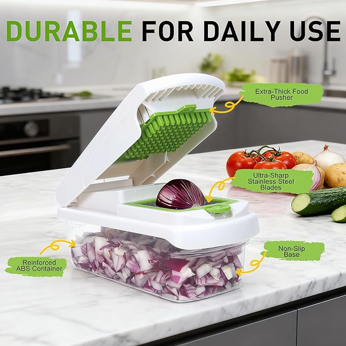 Mandoline Slicer for Kitchen, Vegetable Chopper & Dicer, Professional Food Slicer with Stainless Steel Blades, Safe Veggie Chopper for Onion Potato Carrot Fruit, Easy to Clean
