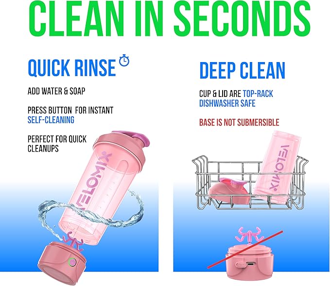 VELOMIX Electric Protein Shaker Bottle - 24 oz | USB-C Rechargeable | Leak Proof Shaker Cups for Protein Shakes | Portable Blender for Shakes and Smoothies (Electric - Pink)