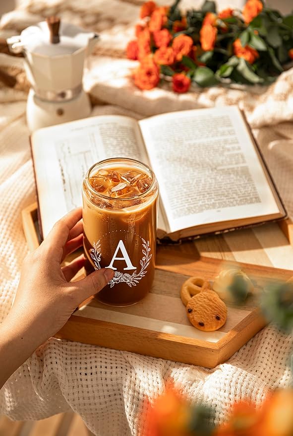 Personalized Gifts for Women, Monogrammed 16oz Glass Cups with Bamboo Lids and Straws, Customized Glass Tumbler, Cute Custom Mug, Customizable Initial Iced Coffee Glasses, Birthday Bridesmaid Mom, A