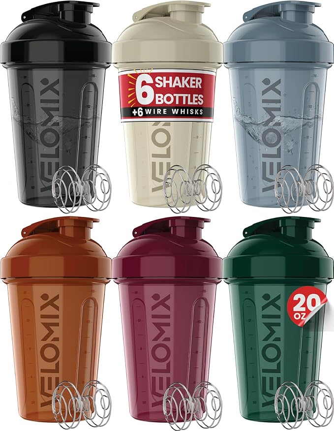 VELOMIX -6 PACK- 20 oz Protein Shaker Bottle for Protein Mixes - 6x Wire Whisk | Leak Proof Shaker Cups for Protein Shakes| Stackable Protein Shaker Bottle Pack | Dishwasher Safe (Mood Tones)