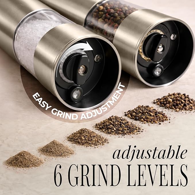 Electric Salt and Pepper Grinder Set Rechargeable – Stainless Steel Salt and Pepper Grinder Set with LED Light, USB Charging, Adjustable Coarseness, Kitchen Gadget Gift for Home Cooks