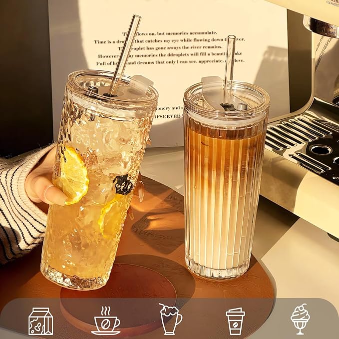 Puraville 2 Pack 18oz Glass Cups with Lids and Straws, Vintage Ribbed Striped Glacier Pattern Thickened Glassware for Whiskey Cocktail Beer, Mason Jar Drinking Glasses Tumbler Iced Coffee Cup, Clear