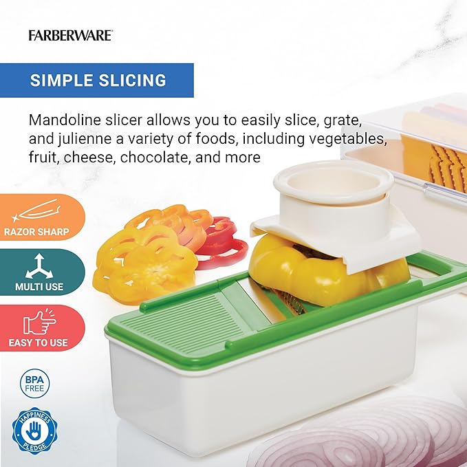 Farberware Mandoline Vegetable Slicer with 4 Blades and Container, BPA‑Free, Dishwasher Safe, Multicolored