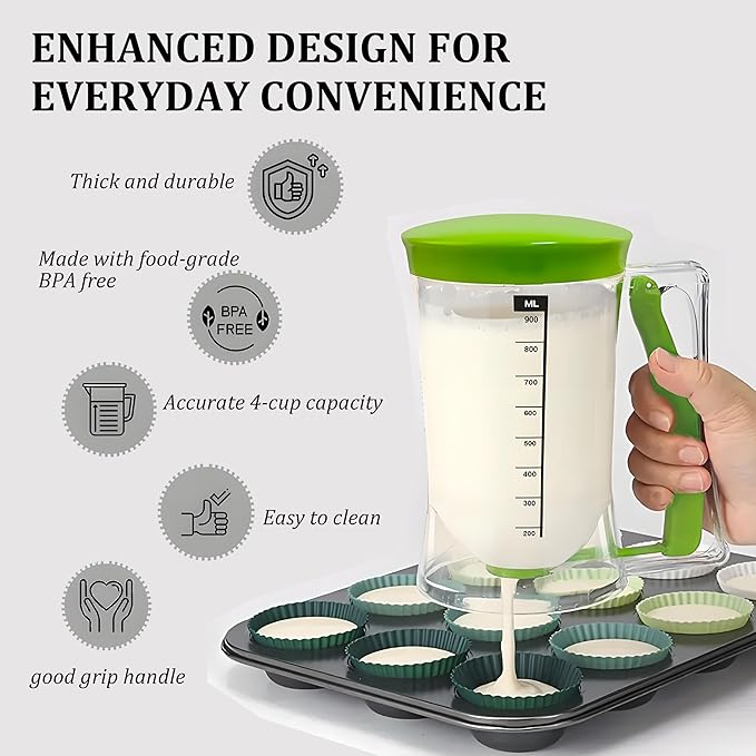 Pancake Batter Dispenser with Measuring Label, 4 Cup Capacity, 900ml With Squeeze Handle Kitchen Dispenser Bottle for Pancakes, Waffles, Muffins (Red)