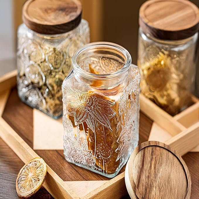 Custde Glass Storage Jars With Airtight Lid, 35oz Container For Kitchen Counter with Wood Lid, brown sugar, candy, coffee, cookie, salt, tea, cute Jar (Large Square Sunflower)