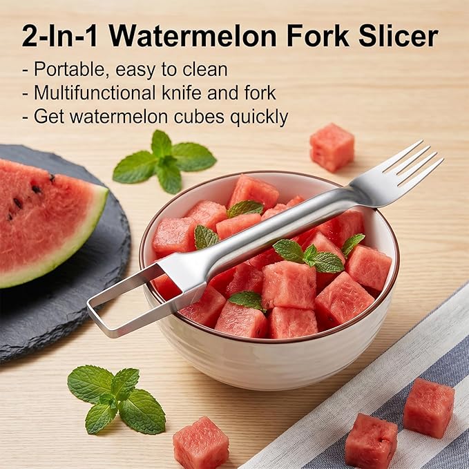 2-in-1 Watermelon Slicer Cutter Tool & Watermelon Scooper, Stainless Steel Fruit Cutter Tool Dual-Head Melon & Mango Slicer Fork for Home, Camping, Parties (2 PCS)