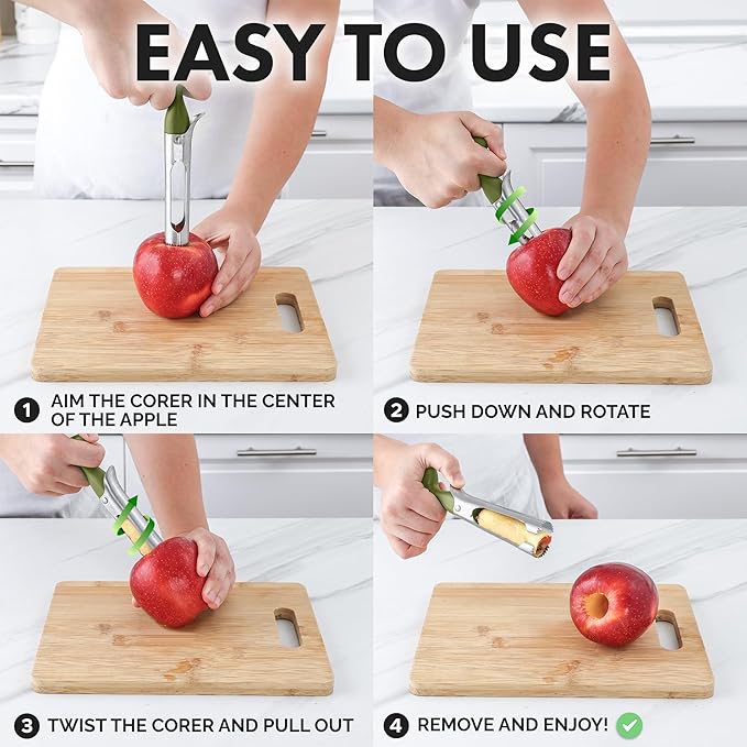 Zulay Kitchen Ultra Sharp Apple Corer Tool - Stainless Steel, Sharp & Serrated Blade Cores in Seconds - Easy to Use & Clean, Durable Apple Core Remover for Apples & Small Fruits - Olive Green