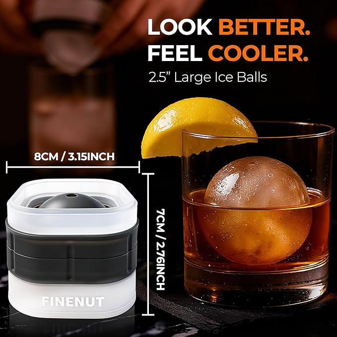 Easy Release Ice Ball Maker Mold, 2 Pack, 2.5 Inch Large Round Ice Cube Mold for Whiskey & Cocktails, Stackable Lid, Leak-Resistant Silicone