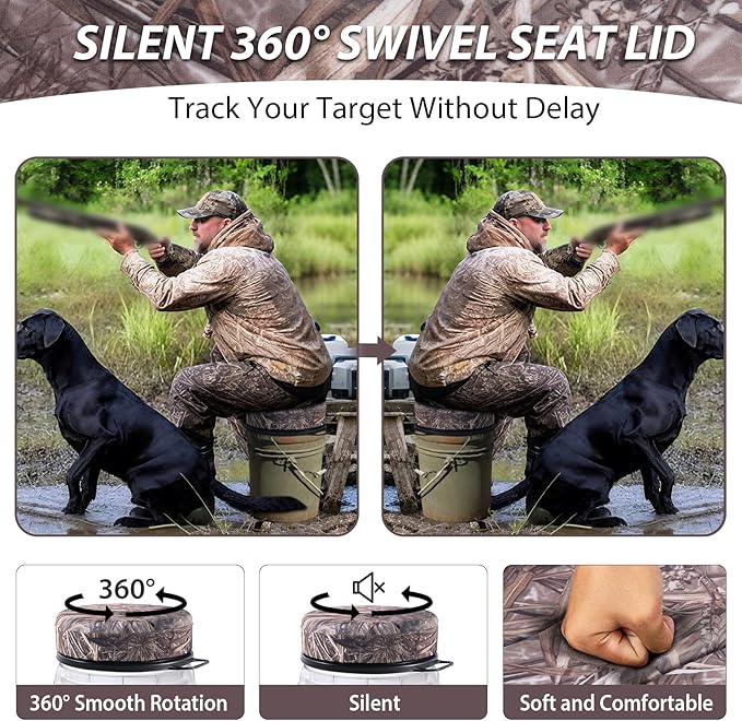 5 Gallon Bucket Seat with 3" Thick Seat Foam Cushion, 360°Swivel Bucket Lid Seat, Waterproof & Silent Bucket Seats for Dove Duck Hunting, Ice Fishing, Baseball, Camping