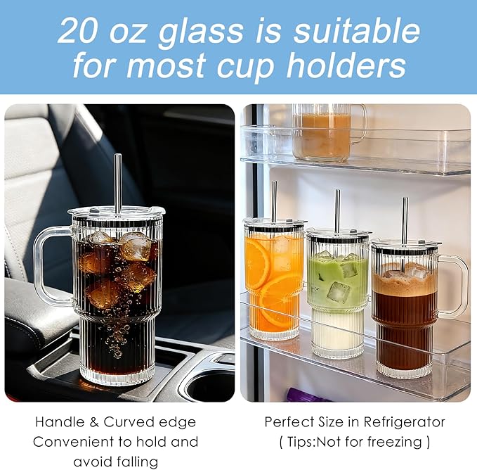 Accguan 6Pack 20oz Ribbed Glass Tumbler with Straw and Lid,Glass Cup with Handle,Reusable lced Coffee Cups with lids-Glass Cups with Lids for Smoothie,Coffee,Juice,Tea,Travel Mug,Cold & Hot Beverages
