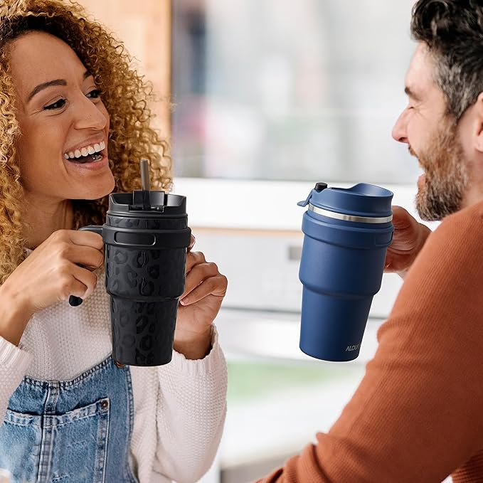 ALOUFEA 20 oz Insulated Coffee Mug Tumbler with Handle, Stainless Steel Travel Mug Tumbler with Lid and Straw,Double Wall Vacuum Leak Proof Ice Coffee Thermal Cup, Navy/Indigo Black