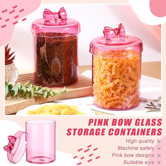 Meanplan 2 Pack Glass Candy Jar Storage Containers with Airtight Lid 30 oz Cute Food Storage Organizers for Hot Cocoa Bar Supplies, Overnight Oats,Kitchen Cookies,Coffee Beans,Dry Goods,Tea(Pink Bow)