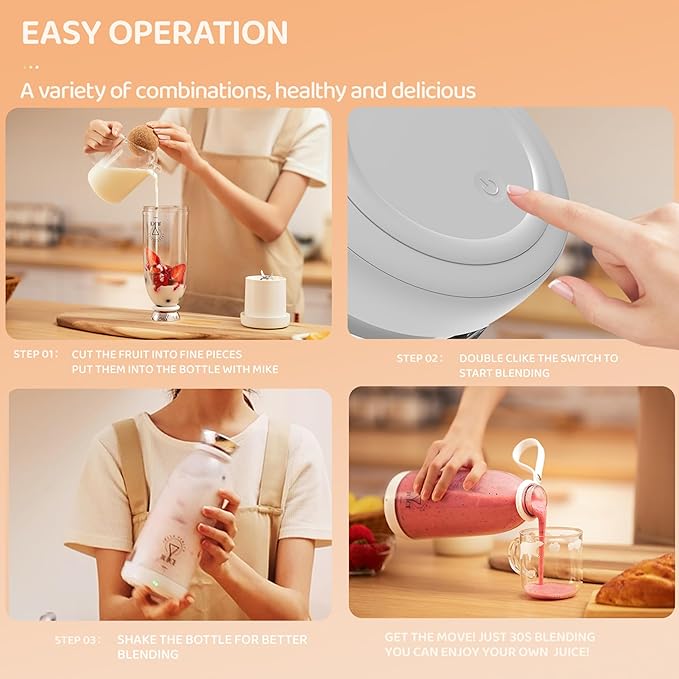 Portable Blender, Personal Smoothie Maker with 6 Blades, Rechargeable Mini Juicer Cup, 17 oz with Travel Lid for Outdoors, Camping, Office, Kitchen (White)