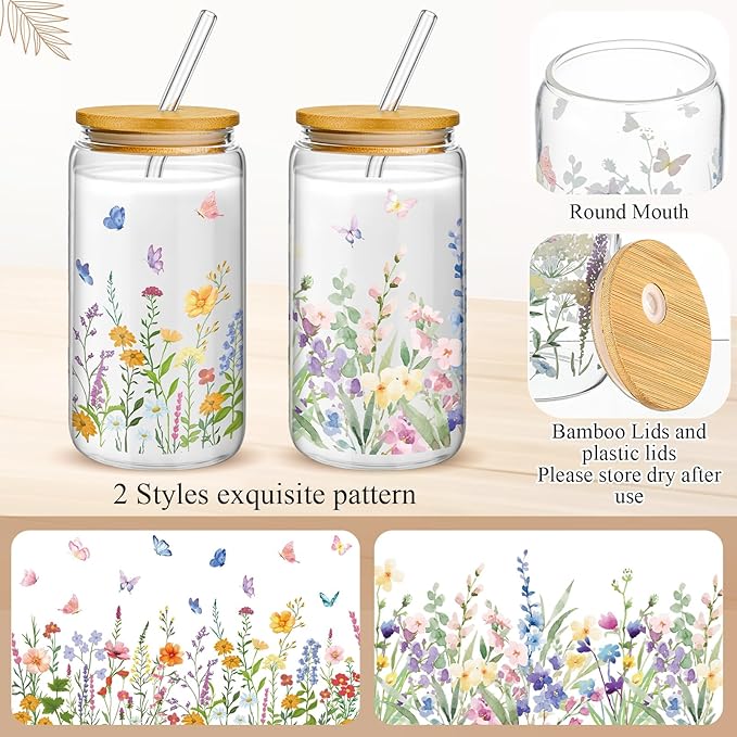 Mumufy 2 Pack Bridesmaid Gift Glass Cups, Cute Flower Mason Jars with Bamboo Lids & Straws, 16oz Iced Coffee Tumblers for Wedding, Bridal Party, Birthday, Mother's Day(Wild Flower1)
