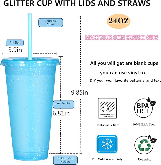 Suertestarry Tumbler with Straw and Lid,Water Bottle Iced Coffee Travel Mug Cup,Reusable Plastic Cups,Perfect for Parties,Birthdays… (Sparkling, 10 pack)