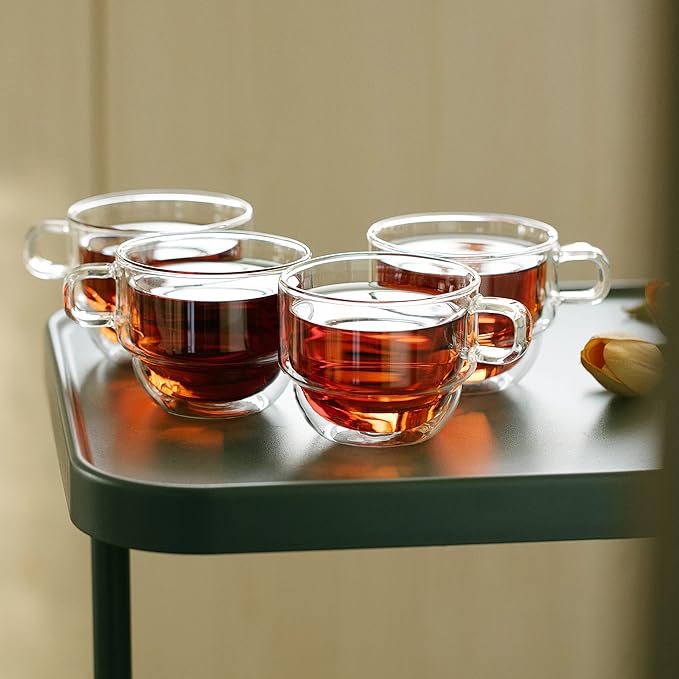 BTaT- Double Walled Stackable Glass Coffee Mugs, 8 oz, Set of 4, Glass Coffee Cups with Handle, Insulated Clear Coffee Mug for Hot and Cold Beverages, Cappuccino, Latte, Tea, Americano