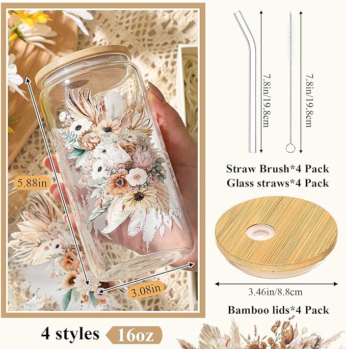 Mumufy 4 Pack Bridesmaid Gift Glass Cups, Cute Flower Mason Jars with Bamboo Lids & Straws, 16oz Iced Coffee Tumblers for Wedding, Bridal Party, Birthday, Mother's Day(Brown Spring)