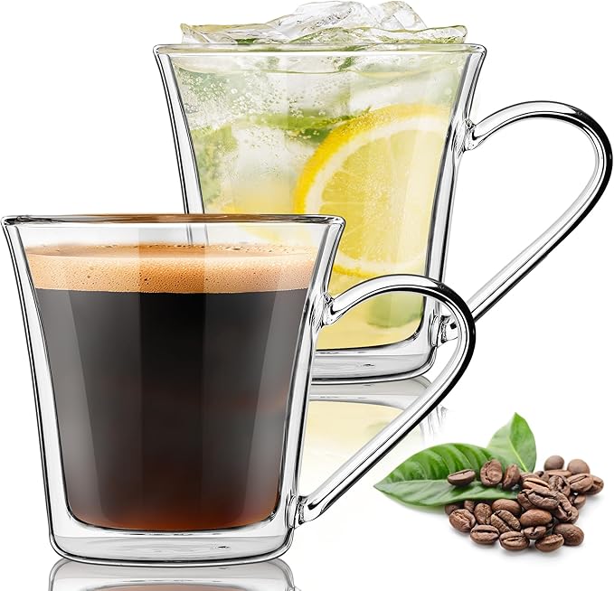 Joeyan 12oz Double Walled Glass Coffee Mugs, Clear Insulated Glass Coffee Cups with Curved Handle, Wide Mouth Latte Cappuccino Espresso Mugs for Hot/Cold Drinks, Iced Coffee, Tea, Cocktails, Set of 2