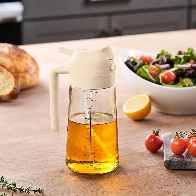 FineDine 16oz Olive Oil Sprayer for Cooking, 2 in 1 Olive Oil Dispenser Bottle for Kitchen, Air Fryer, Salad, BBQ & Baking – Dual Spray Mist & Stream, with Measurement Marks, White