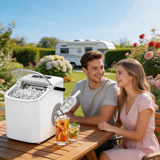 Small Portable Countertop Ice Maker, 26lbs/24H Ice Machine with Self-Cleaning, 6-8 Mins Fast Ice Making,Quiet Operation, Compact Ice Maker with Handle for Home Kitchen Camping RV (White, 26lbs)