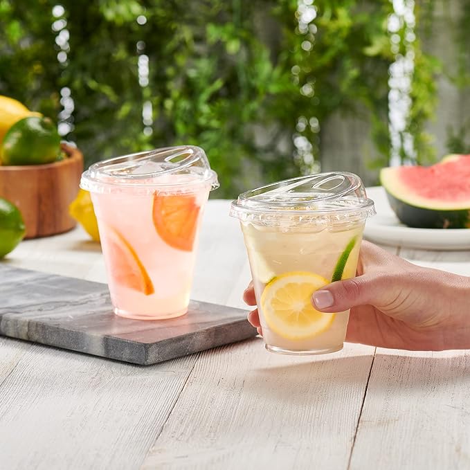 GUSTO Clear Plastic Cups with Lids [12 oz - 100 Count] - Disposable Iced Coffee Drink Cups with Strawless Sip Lids for Smoothies, Juices, and More - (Formerly Comfy Package)